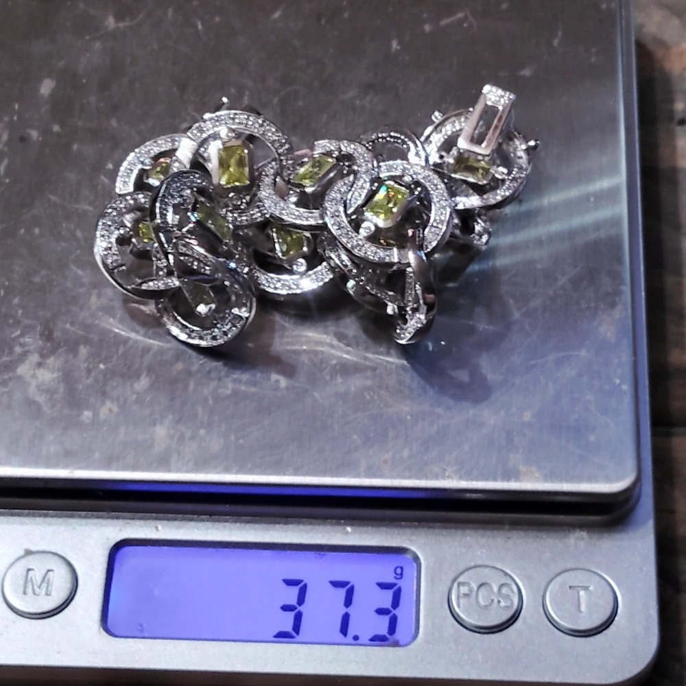 925 Sterling Silver Green Peridot CZ Interlocking Link Bracelet 7.25in 37.3g